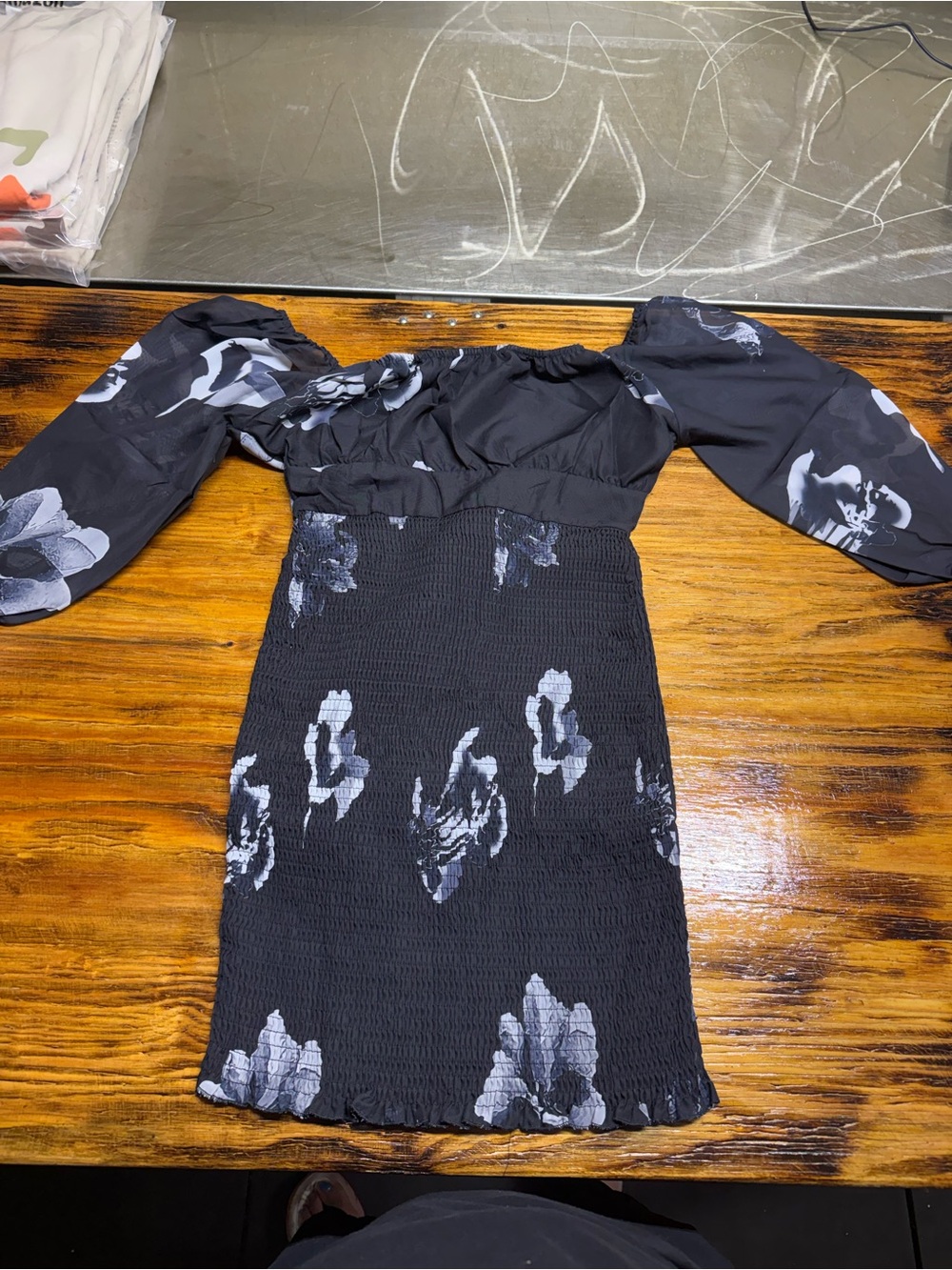 Black Floral Off-Shoulder Smocked Mini Dress with Long Puff Sleeves